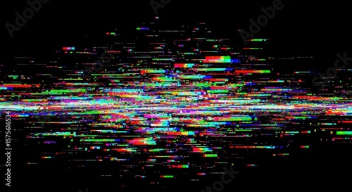 A vibrant digital glitch effect featuring scattered multicolored pixels and distorted horizontal lines on a black background, creating a chaotic and energetic visual.