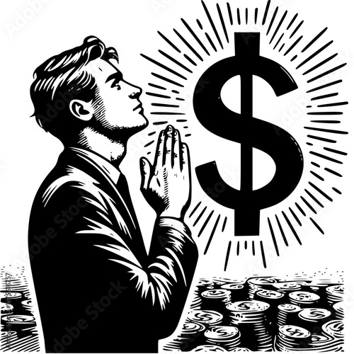 Man praying to a dollar symbol