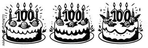 Three birthday cakes for a one hundred year old . Vector drawings