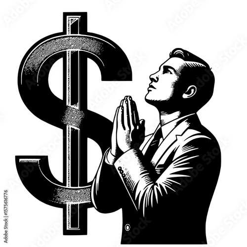 Man in a suit praying to the dollar currency symbol