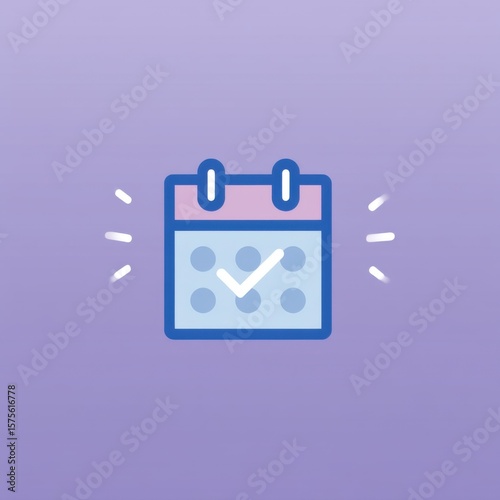 Free Download Minimalist calendar icon with blue grid, pink strip, white tabs, and diagonal checkmark on soft purple background, highlighted by radiating white lines. - GFXLoad