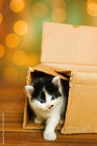 seekor anak kucing lucu dengan bulu putih dan hitam yang sedang keluar dari dalam sebuah kardus cokelat. Anak kucing itu memiliki mata biru yang besar dan ekspresi wajah yang penasaran. Latar belakang