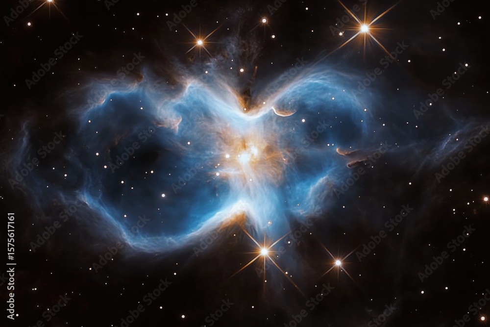 Fototapeta premium Deep space nebula emitting glowing blue and orange clouds with bright stars scattered throughout cosmic background, interstellar gas and dust forming intricate celestial patterns