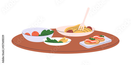 Food meals served on wooden tray, table. Dinner dishes, pasta, vegetable salad, garnishes. Lunch, snacks setting, noodles, meat on bread, greens. Flat vector illustration isolated on white background