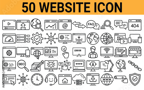 Collection of fifty diverse website and internet related outline icons