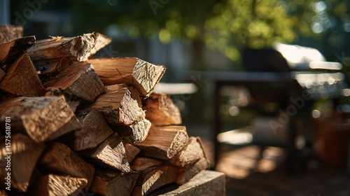 Firewood stack beside grill setup, daylight shadows