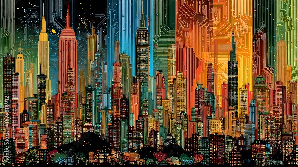 Obraz premium Vibrant digital cityscape with circuit patterns representing futuristic infrastructure, technology, and smart cities