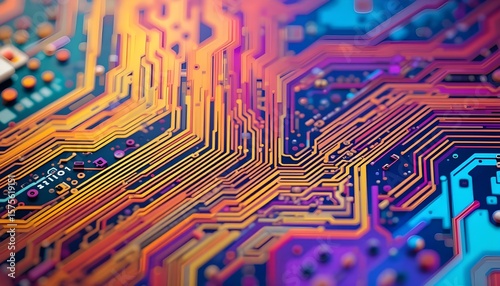 Close-Up of Vibrant Multicolored Circuit Board with Detailed Electronic Components and Glowing Traces