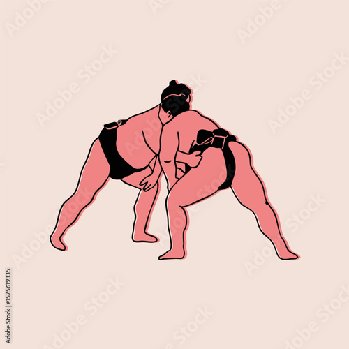 Sumo Wrestler. Fighting position. Japanese traditional martial art, combat sport activity concept. Hand drawn trendy Vector illustration. Isolated design element. Sticker, logo, print template