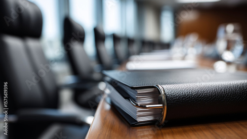 Close up of black leather binder with important documents on a polished wooden conference table in modern office setting with blurred background and no people