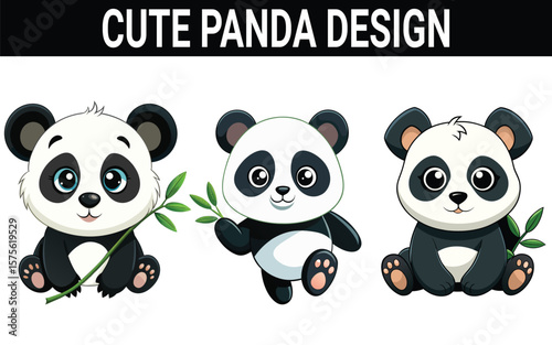 Three adorable cartoon pandas sitting and holding bamboo stalks