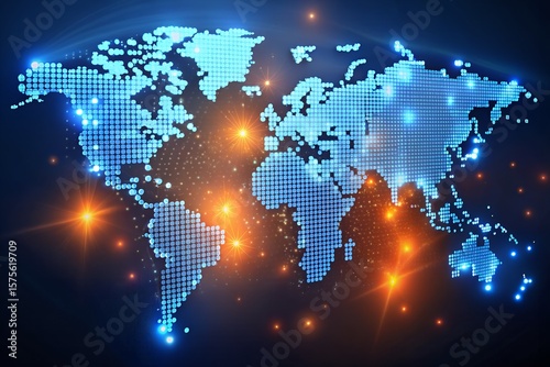 A glowing digital map of the world made up of blue and orange illuminated dots, symbolizing global connectivity and technology.