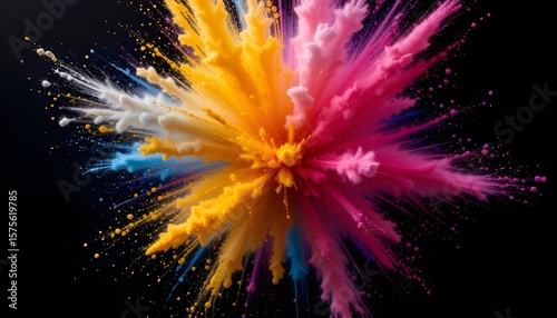 Explosion of Colored Fluid Neon Powder on Black Studio Background with Copy Space Dynamic Artistic Design