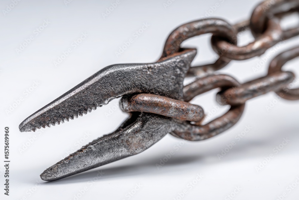 Obraz premium Close-up of rusty pliers gripping a chain link against a smooth background, showcasing wear