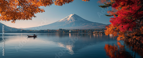 pink leaves and Mount Fuji in the background autumn scenery