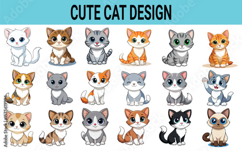 A collection of adorable cartoon kittens in various colors and poses