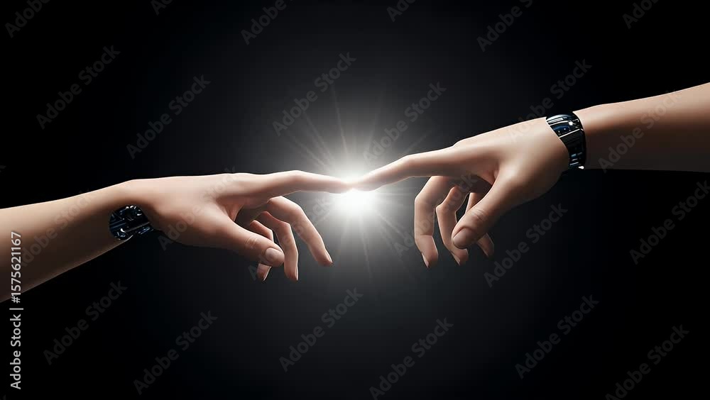 A robotic arm and a human hand reaching for a bright light