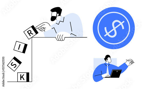 Professional tipping over blocks spelling risk, blue dollar sign, and worker with laptop and pen. Ideal for business strategy, finance, investment, analysis, risk management, decision-making simple