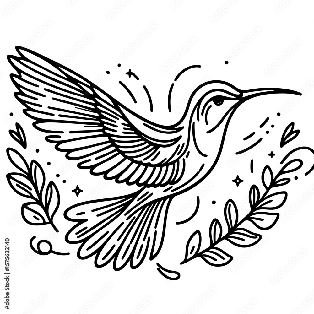 Fototapeta premium Hummingbird in Flight Elegant Line Art Drawing