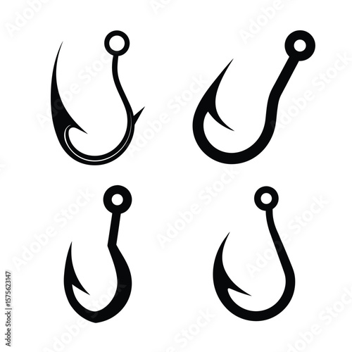 Fishing hook Silhouette Vector Set Black Icon Collection Isolated on White Background