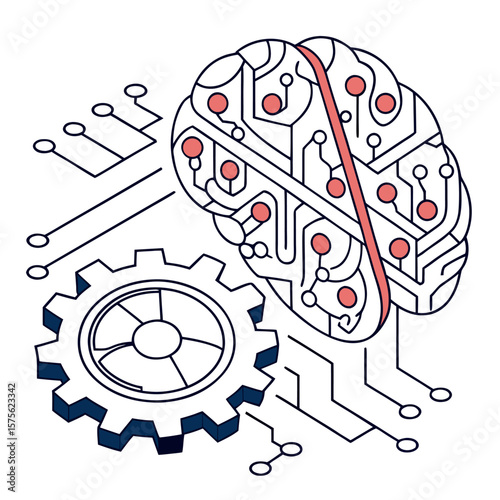 ısometric vector illustration of a glowing artificial intelligence brain made of circuit lines and data nodes, futuristic tech design, white background, flat colors