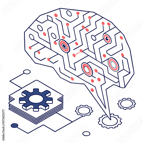 ısometric vector illustration of a glowing artificial intelligence brain made of circuit lines and data nodes, futuristic tech design, white background, flat colors