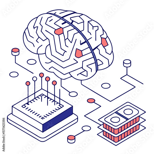 ısometric vector illustration of a glowing artificial intelligence brain made of circuit lines and data nodes, futuristic tech design, white background, flat colors