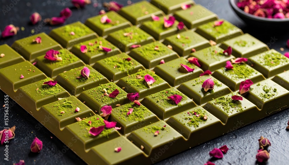 Fototapeta premium Dark green chocolate bar with rose petals and matcha