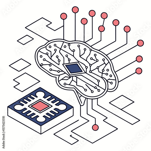 ısometric vector illustration of a glowing artificial intelligence brain made of circuit lines and data nodes, futuristic tech design, white background, flat colors
