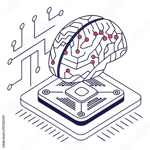 ısometric vector illustration of a glowing artificial intelligence brain made of circuit lines and data nodes, futuristic tech design, white background, flat colors