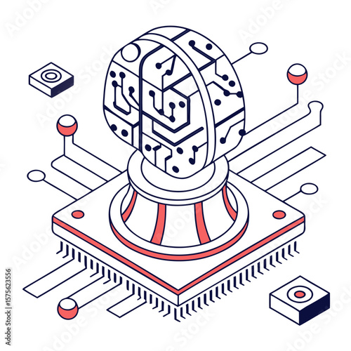 ısometric vector illustration of a glowing artificial intelligence brain made of circuit lines and data nodes, futuristic tech design, white background, flat colors