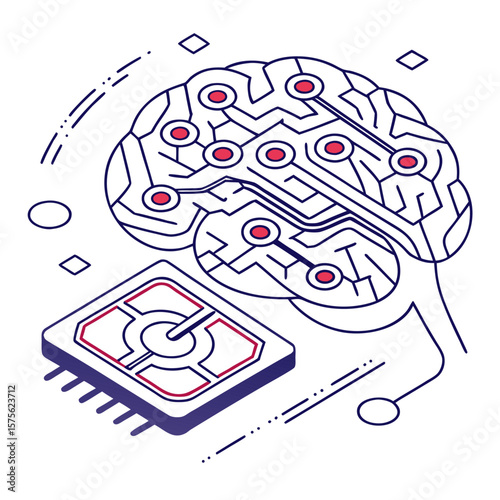 ısometric vector illustration of a glowing artificial intelligence brain made of circuit lines and data nodes, futuristic tech design, white background, flat colors