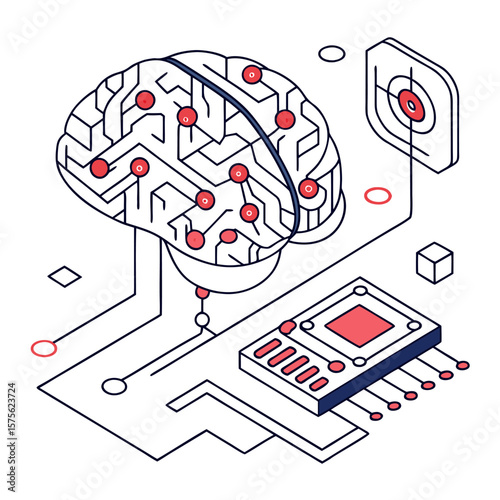 ısometric vector illustration of a glowing artificial intelligence brain made of circuit lines and data nodes, futuristic tech design, white background, flat colors