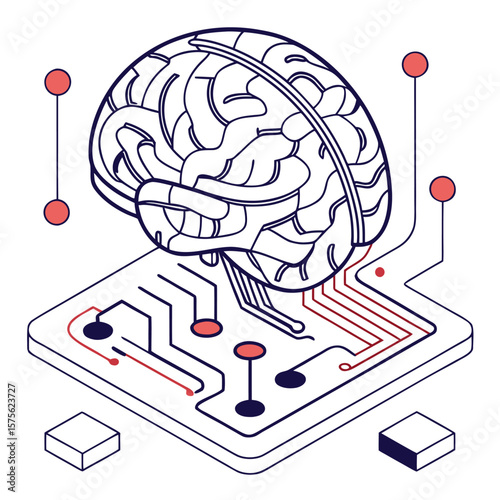 ısometric vector illustration of a glowing artificial intelligence brain made of circuit lines and data nodes, futuristic tech design, white background, flat colors