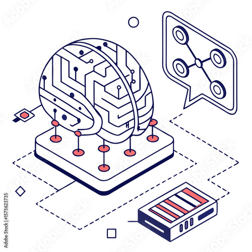 ısometric vector illustration of a glowing artificial intelligence brain made of circuit lines and data nodes, futuristic tech design, white background, flat colors