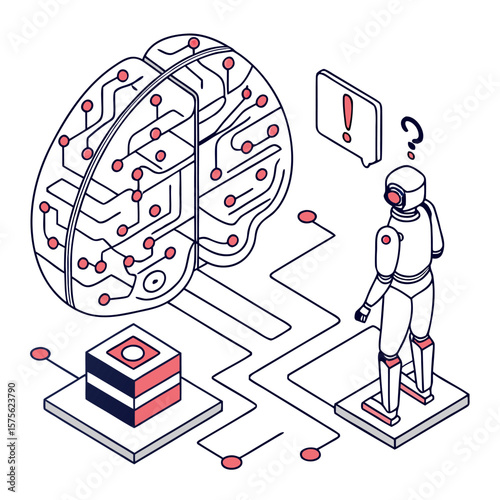 ısometric vector illustration of a glowing artificial intelligence brain made of circuit lines and data nodes, futuristic tech design, white background, flat colors