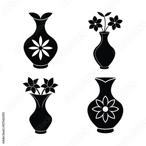 Flower vase Silhouette Vector Set Black Icon Collection Isolated on White Background