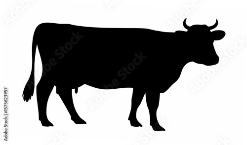 Silhouette of a cow standing in profile with visible horns and tail on a white background image shown here