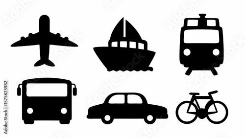 Silhouette illustrations of various transportation modes including airplane sailboat train bus car and bicycle