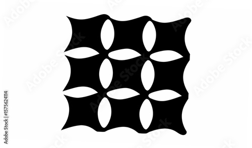Black and white pattern featuring a grid of curved squares with oval shaped negative spaces forming flowers