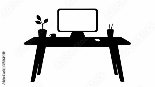 Silhouette of a desk with a computer monitor, plant, coffee cup, mouse, and pen holder in a minimalist style