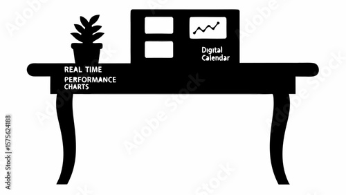 Illustration of a desk with real time performance charts digital calendar and a potted plant on top of it