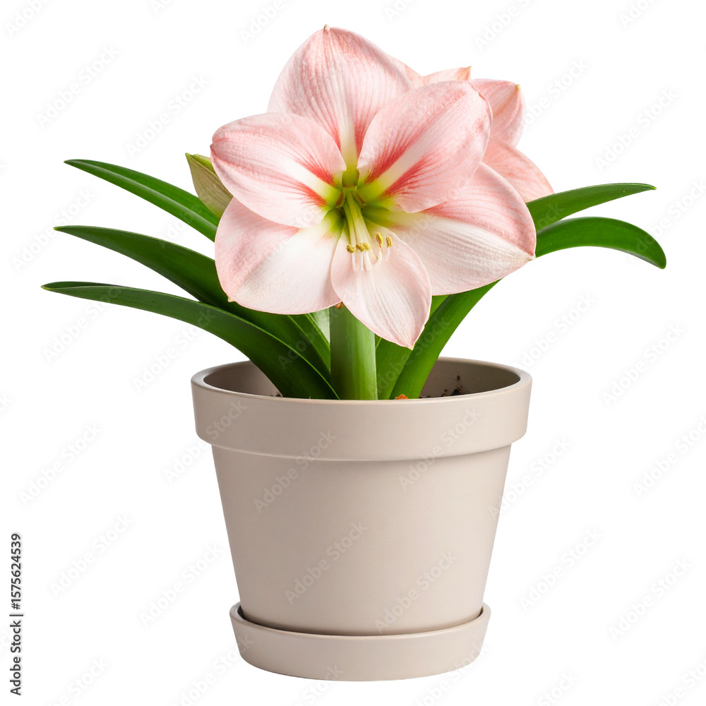 Obraz premium Single Pink Amaryllis Bloom with Curved Leaves in Matte Pot, Artistic Side View PNG