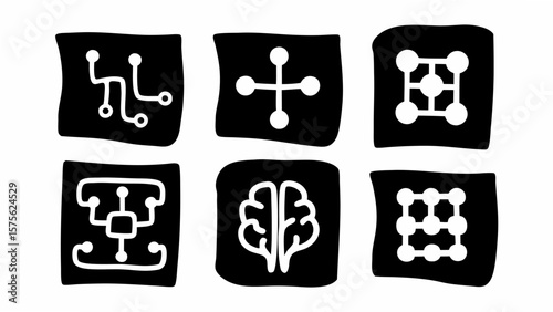 Collection of six black squares with white abstract geometric and organic shapes inside each square design