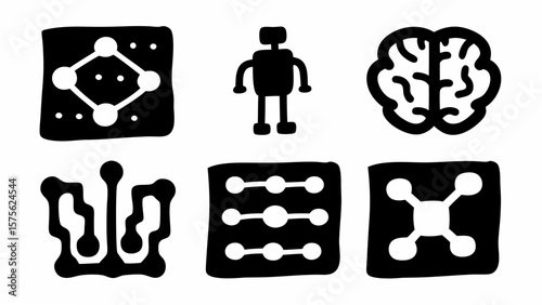Illustration of ai icons including brain robot network connections and data structures in black and white