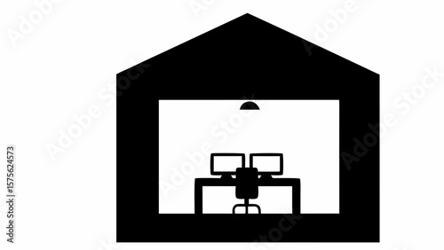 Illustration of a home office setup with two monitors desk chair and overhead lighting inside a house frame