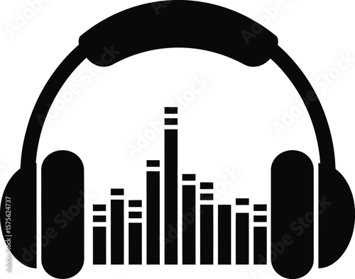 Black headphones with equalizer bars in the middle on a white background