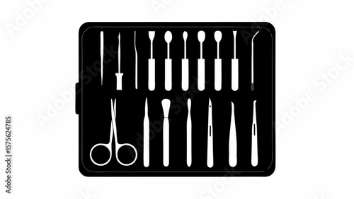 Black case containing a set of white grooming tools including tweezers, scissors, and various applicators