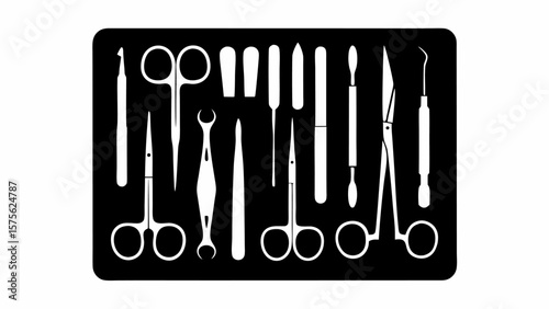 Illustration of various white surgical and dental instruments arranged on a black rounded rectangle