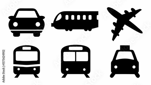 Illustration of various modes of transportation including a car train airplane and several types of trains
